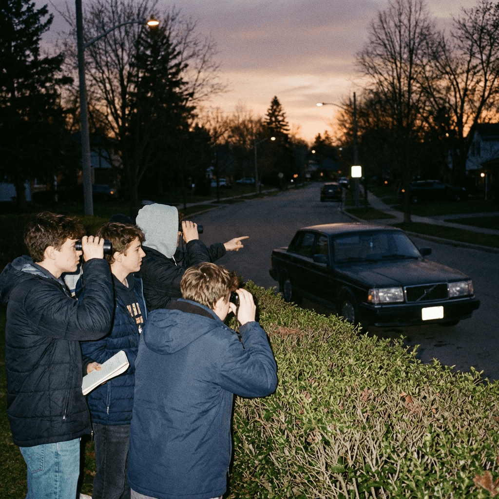 Four young men behind a hedge use binoculars to observe a parked car at dusk.