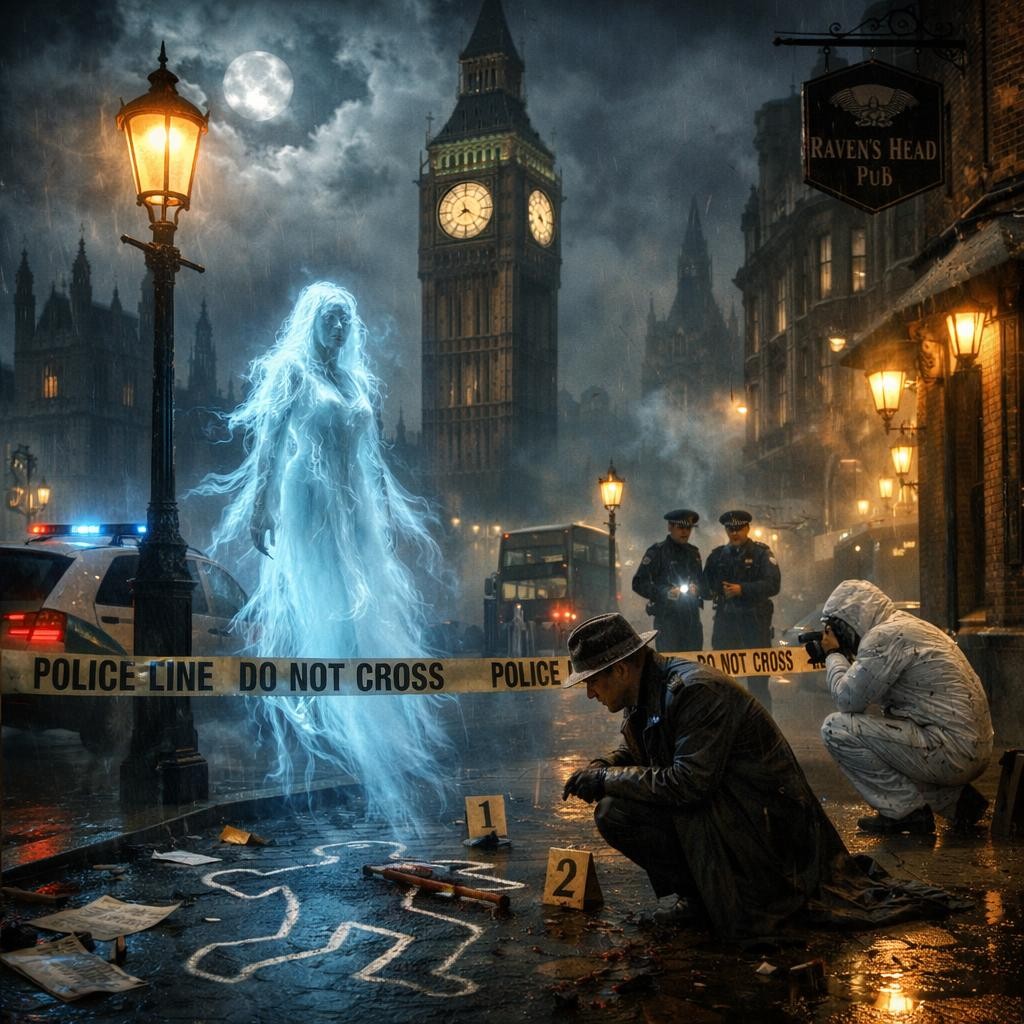 Crime scene outside Big Ben with ghostly woman, detectives, and police tape