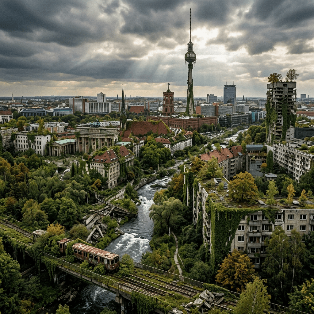 Abandoned city with overgrown plants covering buildings and a rusty train on a bridge